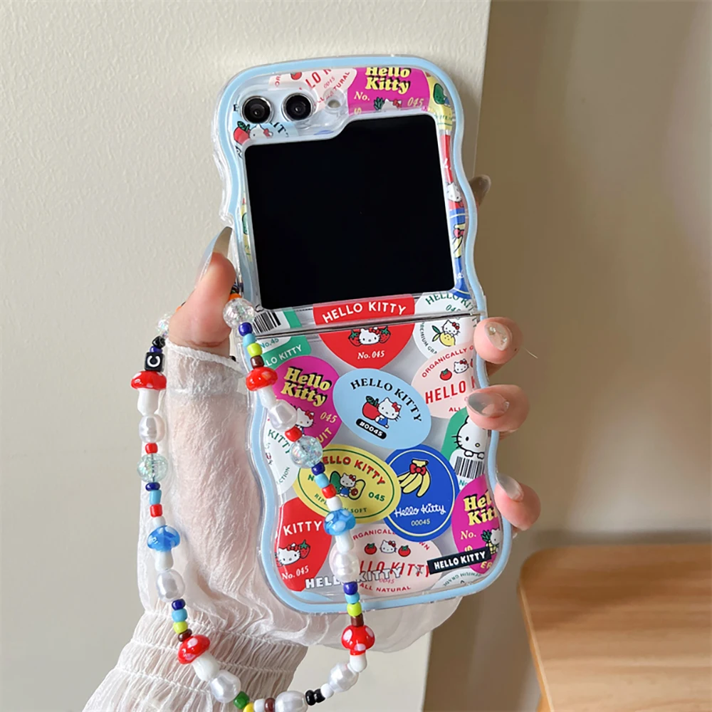 Etui na telefon Kawaii Hello Kitty ze smyczą do Samsung Galaxy Z Flip 3 4 Z Flip 5 6 5G PC Hard Anti-drop Wave Cover Y2k Girl