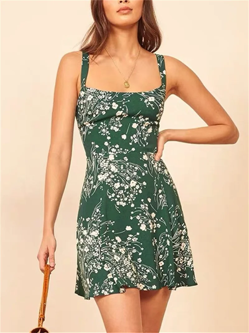 

Clearance Price Green Women Flower Print A-Line Vintage Sling Dress
