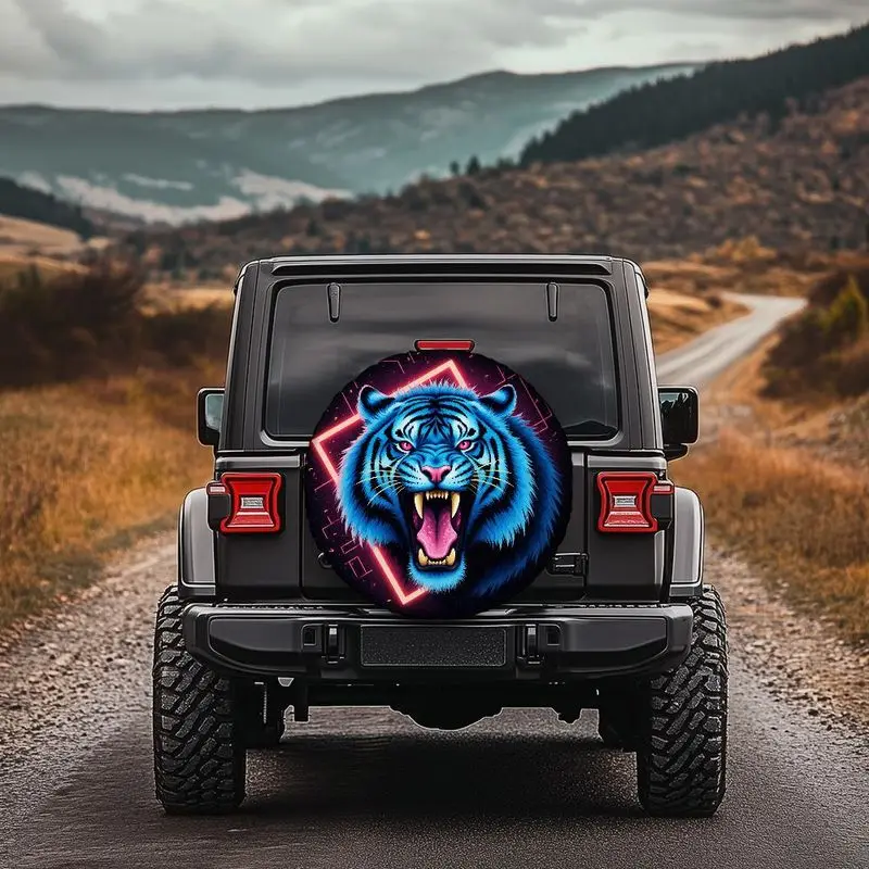 Tire Cover - Tiger Roar Cyberpunk Style Polyester Tire Cover With Glowing Geometric Frame, Abstract Pattern, Yellow- Glitter De