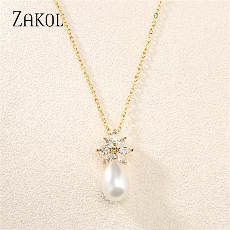 ZAKOL Fashion Imitation Pearl Pendant Necklaces for Women Cubic Zirconia Chain Necklace Jewelry Wholesale NP5067