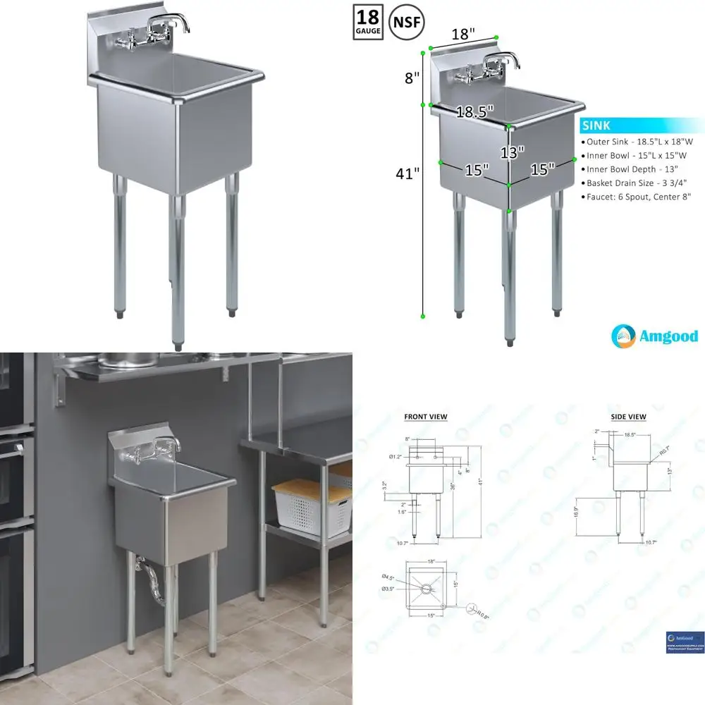 حوض الفولاذ المقاوم للصدأ من AmGood |   304 الصف |   مثالية للمطاعم والمطابخ والمغسلة والكراجات |   معتمد من NSF |   1