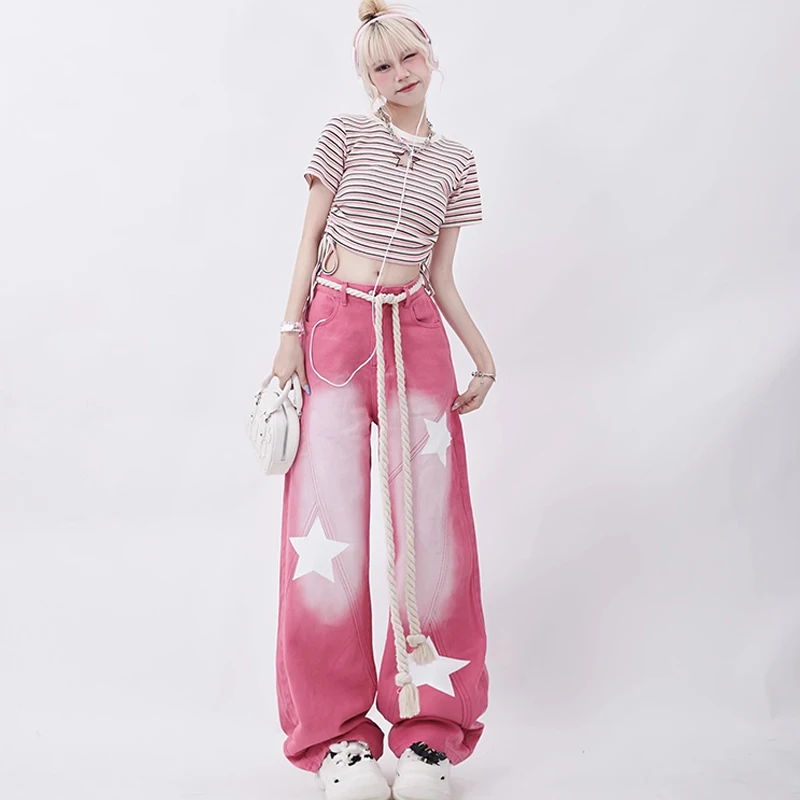 Womens High Waist Pink Jeans Vintage Street Y2k Wide Star Straight Pant Loose Sweet Cool Hot Girl Wide Leg Denim Pants Female