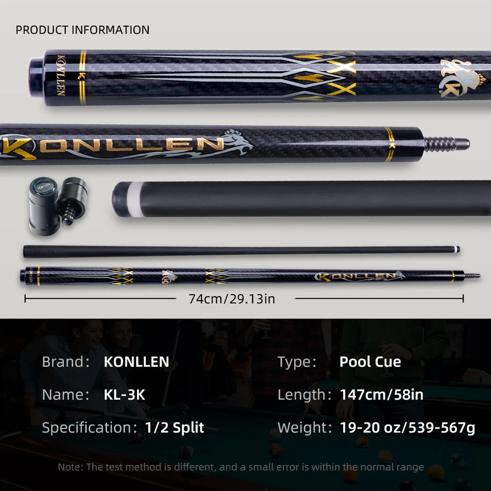 KONLLEN KL-3K Carbon FIber Pool Cue Stick 147cm 3/8*8 Radial Joint