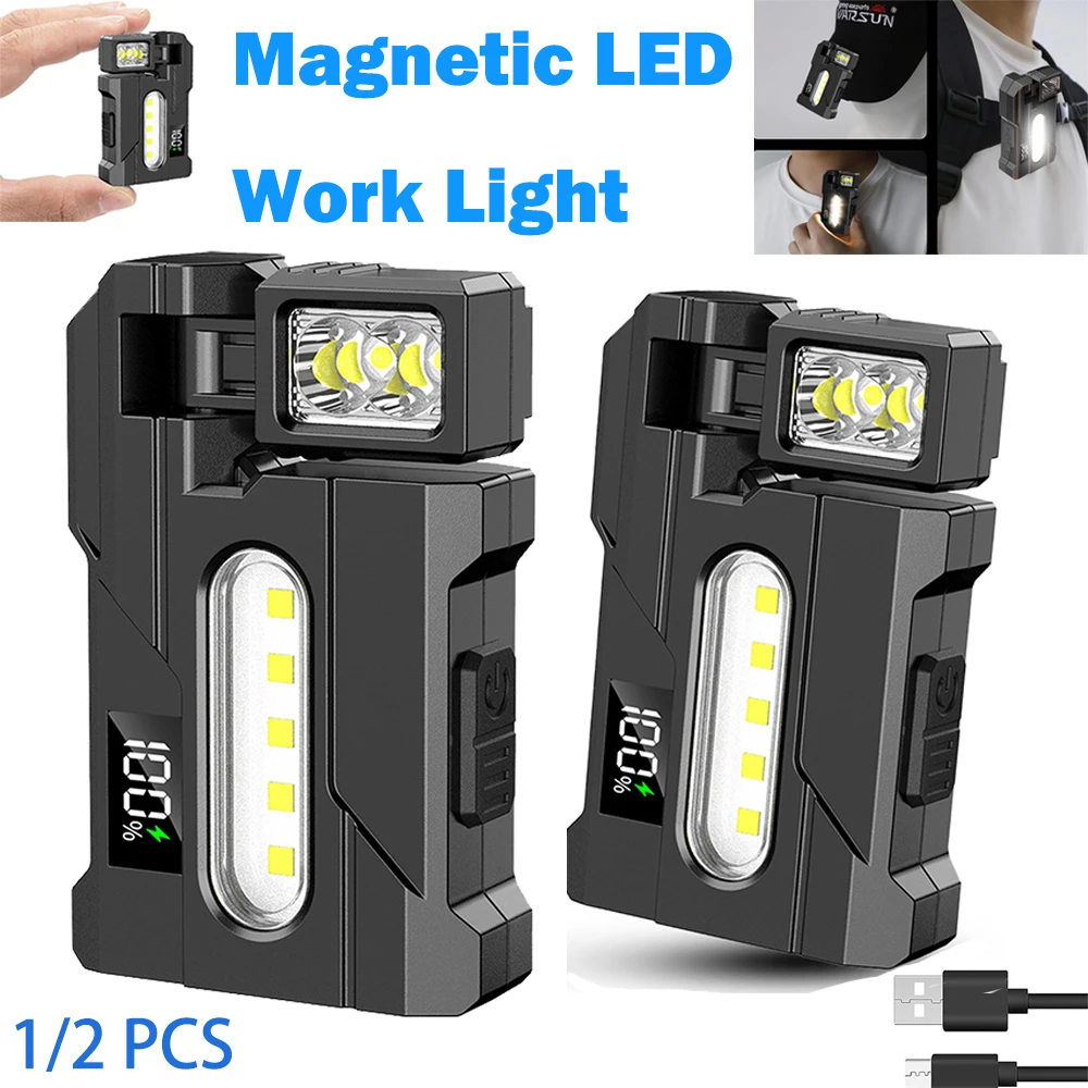 Super Bright Waterproof LED Flashlight LED Display USB Rechargeable Rotatable Head, Magnet Work Light Portable Pen Clip Headlamp
