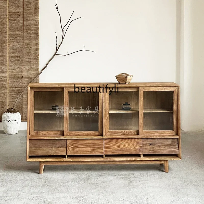 Wabi Sand Wind Against the Wall Integrated Solid Wood Dining Side Cabinet Elm Living Room Glass Tea Locker