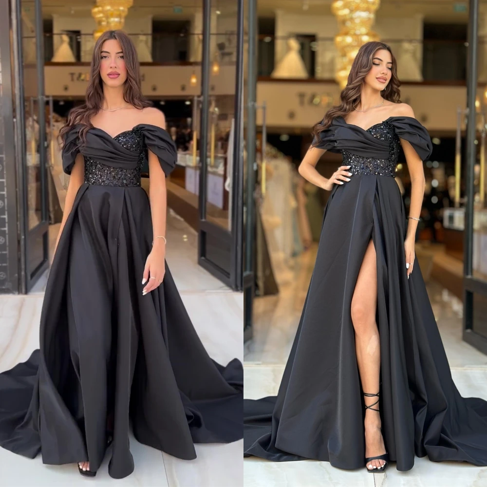 

Customized Prom Dresses Exquisite Off-the-shoulder A-line Paillette / Sequins S Formal Occasion Gown robe pour cérémonie de mari