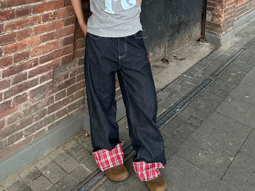 سراويل هاراجوكو Y2K ملابس الشارع الأمريكية الرجعية منقوشة الربط مجعد فضفاض الجينز النساء شيك عادية مستقيم واسعة الساق السراويل الرجال #6