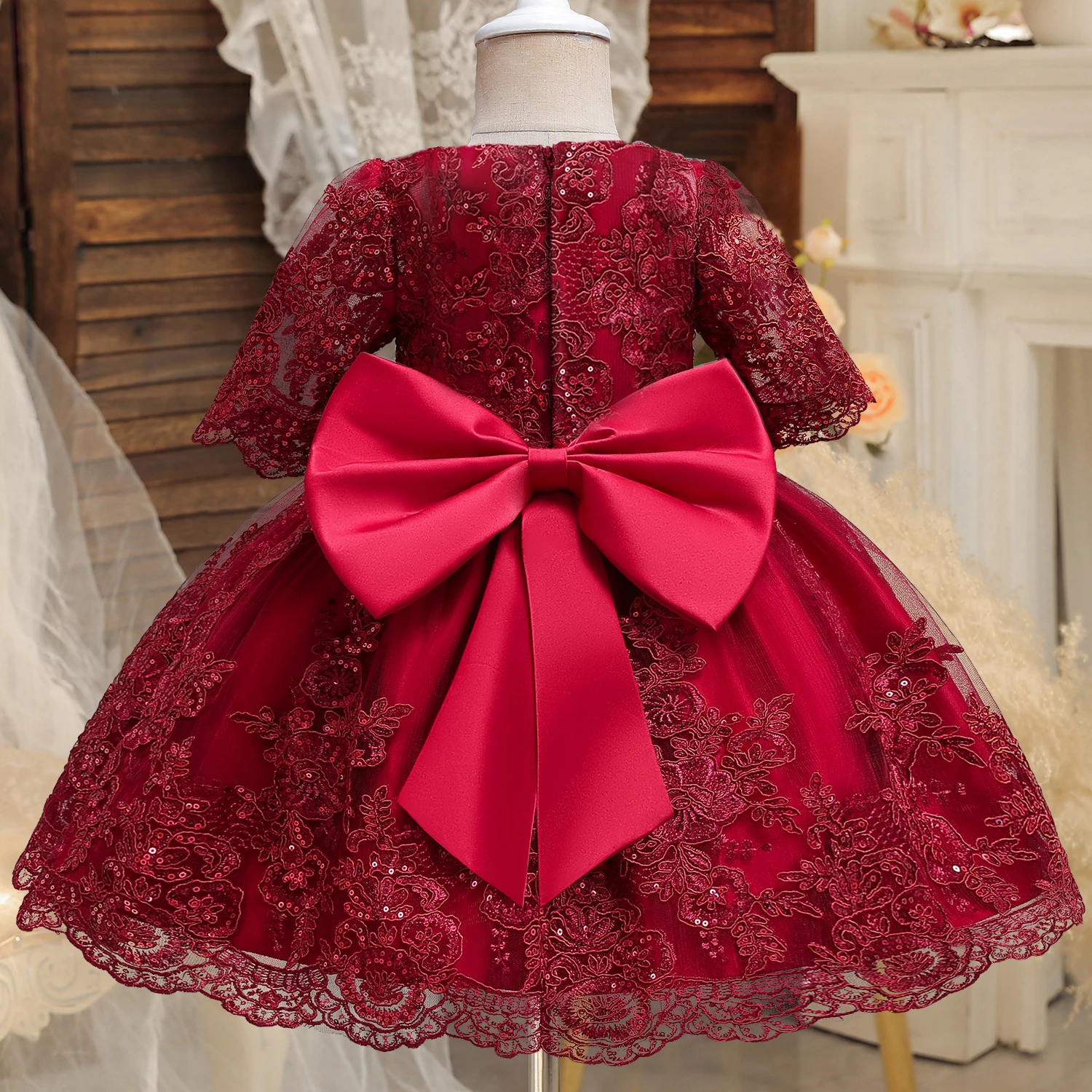 Baby Christmas Dress for Girls Toddler Kids Long Sleeve Lace 1st Birthday Clothes Little Girls Tutu Princess Wedding Party Gown