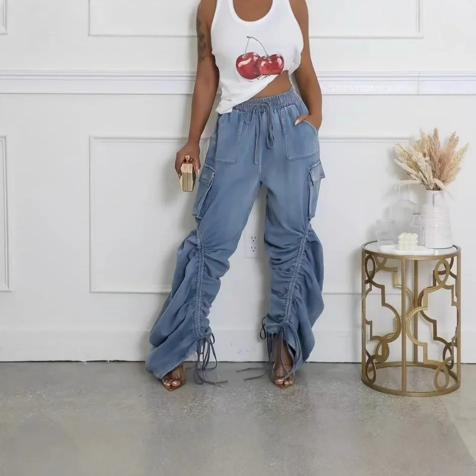 

Women Jeans Denim Straight Pants Drawstring Lace Up Pleating Elastic Waist Pockets Floor Length Washed Strech Trousers 2025