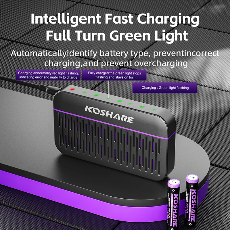 KOSHARE New 8 Slot LED Smart Battery Charger With 1.5V AAA 1100mWh Lithium-ion Rechargeable Batteries Independent Fast Charging