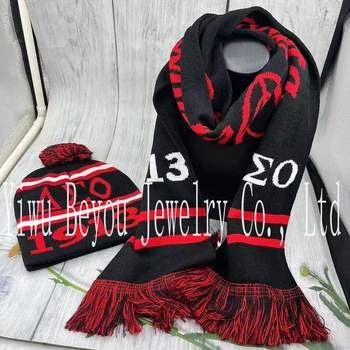 女性のgreekレターニットスカーフセット、黒、赤、暖かい、冬