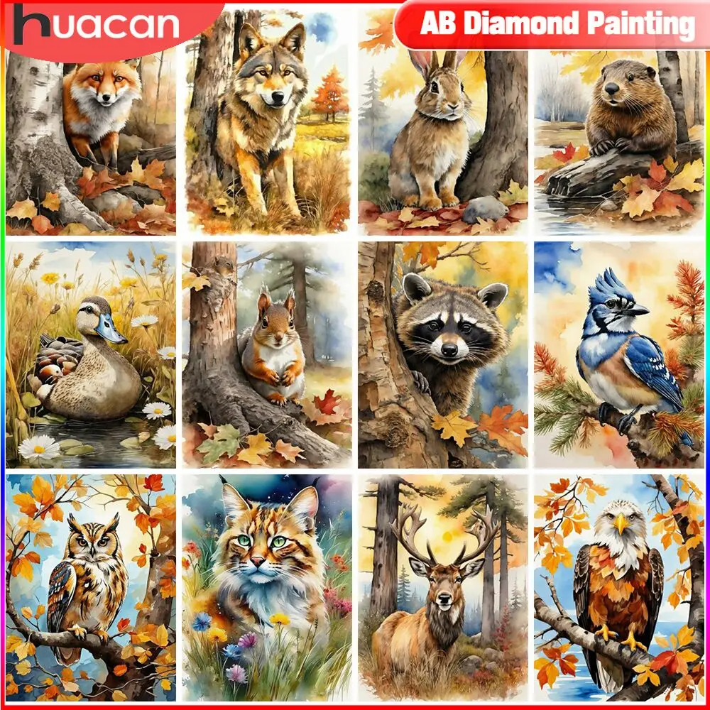 HUACAN Diamond Painting Animal Fox Wolf AB Drill Mosaic Autumn Landscape 5D DIY Home Decorative Gift