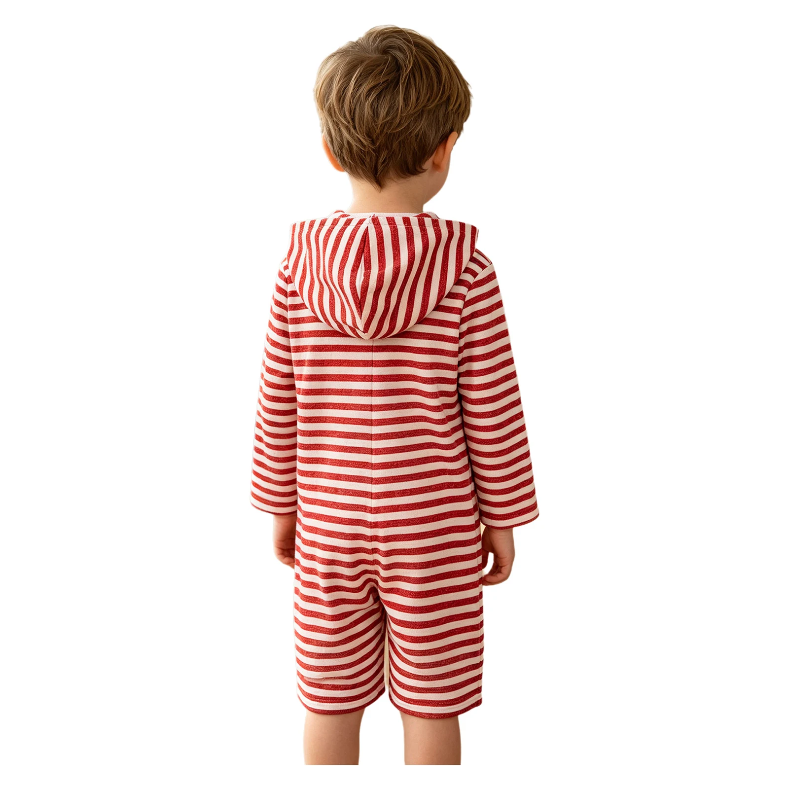 Kids Boys Girls Striped Hooded Jumpsuit Long Sleeve Zipper Thigh Length Loose Bodysuit Children Summer Clothes Causal Homewear