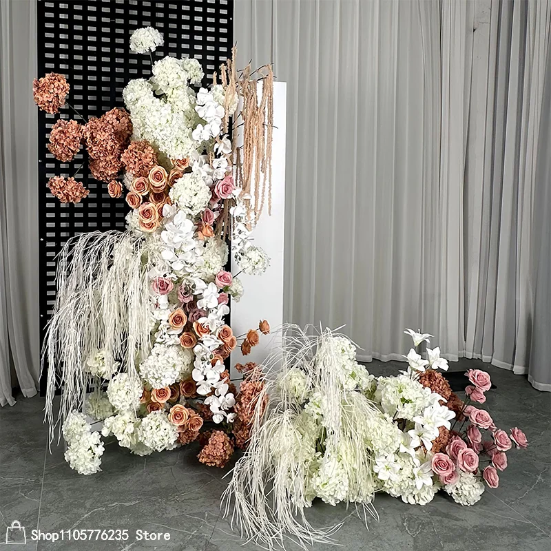 5D Künstliche Terrakotta Weiße Hortensie Hochzeitsblumenarrangement Taupe Rosa Rose Mit Orchidee Blumenhintergrund Bühnendekoration für Veranstaltungen – Detail 4