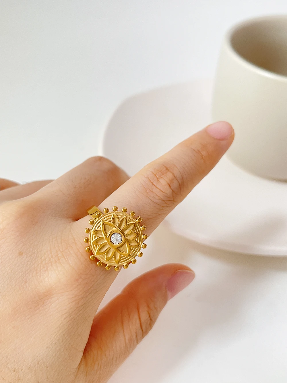 Peri'sBox French Gold Color Rhinestone Eye Lotus Coin Ring for Women Stainless Steel Beaded Flower Signet Rings Jewelry Bohemian