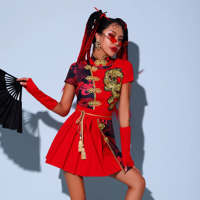 

Красный джазовый танцевальный костюм для взрослых, корейский танцевальный наряд, женская одежда для выступлений, традиционная китайская одежда для выступлений на сцене