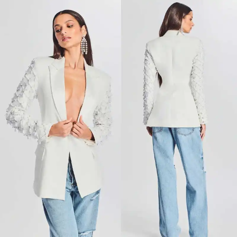Customized Single Breasted Luxury Diamond 1 Piece Set Women Suits Simple Beads Notched Lapel Plus Size Luxury Women Blazer
