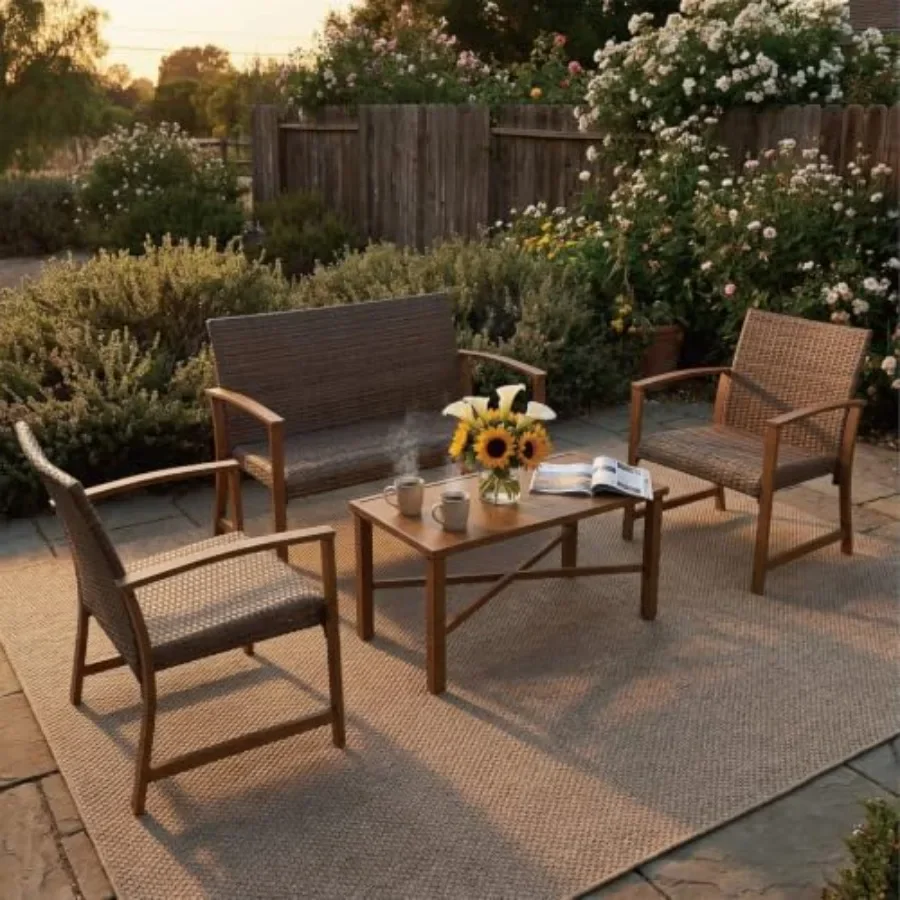 4-Piece Wicker Patio Furniture Set for outdoor use, weather-resistant resin wicker in beige, lightweight yet durable with UV-re