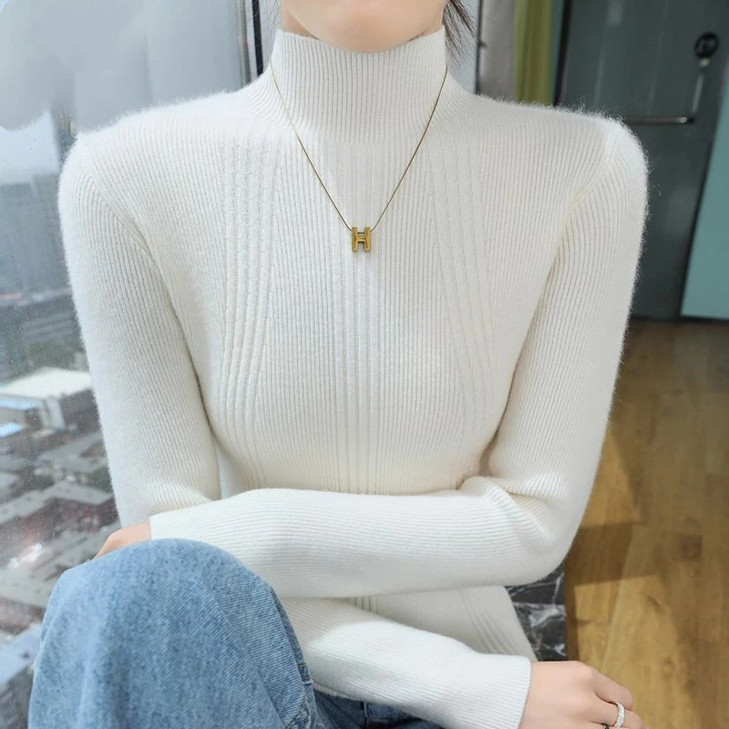 Nuova base lavorata a maglia da donna collo semi-alto autunno inverno sottile versatile maglione base lavorato a maglia temperamento