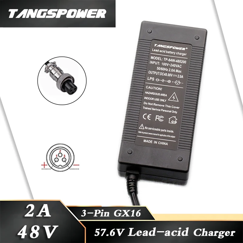 

48V 2A Lead-acid Battery Charger For 57.6V Lead Acid Battery Pack Fast Charging 3-Pin GX16 Plug Power Tool Charger High quality