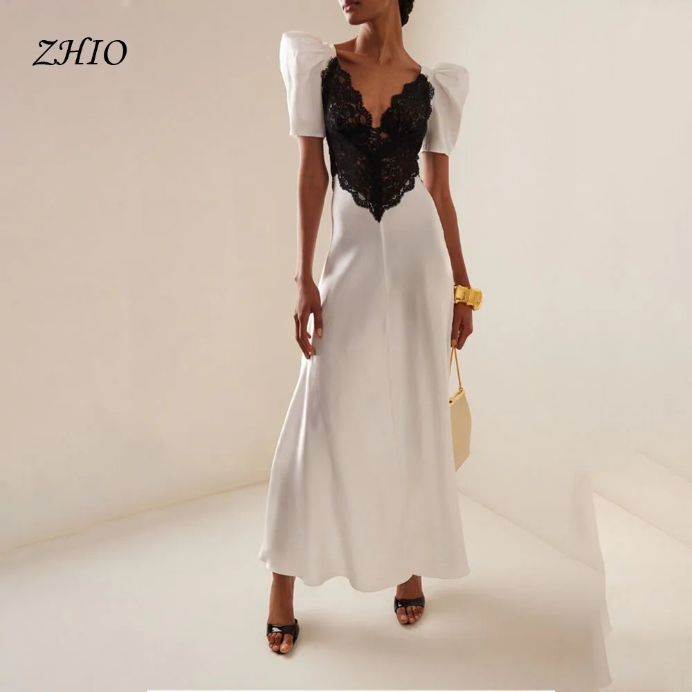

ZHIO Black Lace Party Dress For Women V Neck Short Puff Sleeves Ivory Dresses Prom Gowns Franch Simple Dress For Formal Occasion