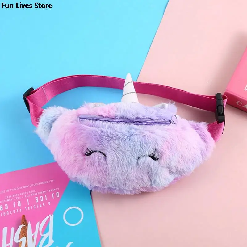 Children\'s Plush Fanny Pack Cartoon Animal Belts Waist Bags Winter Faux Fur Phone Pouch Lovely Mini Money Purse Unicorn Waistbag