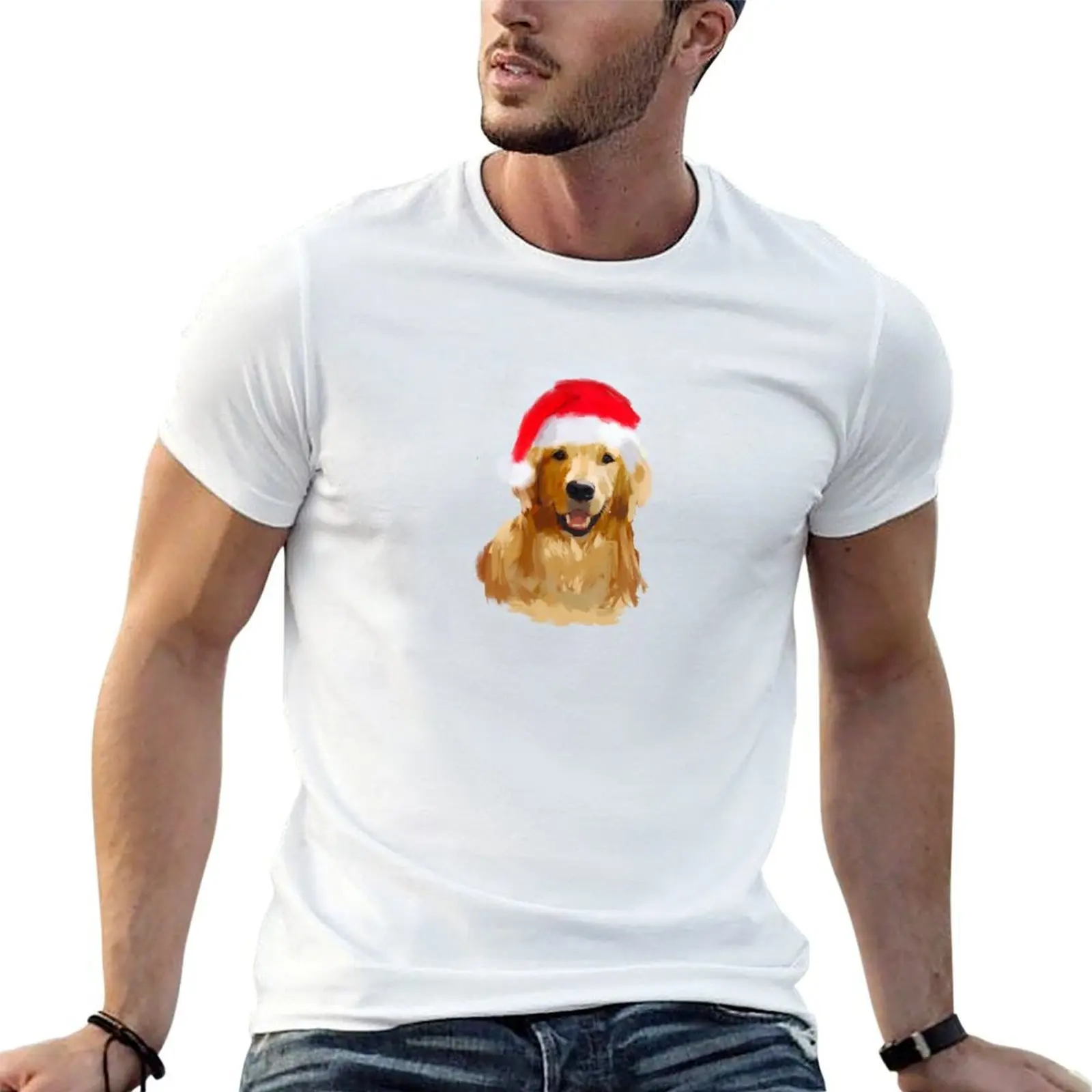 Golden Retriever Santa Hat Dog original digital painting T-Shirt custom t shirt customs outfits for men