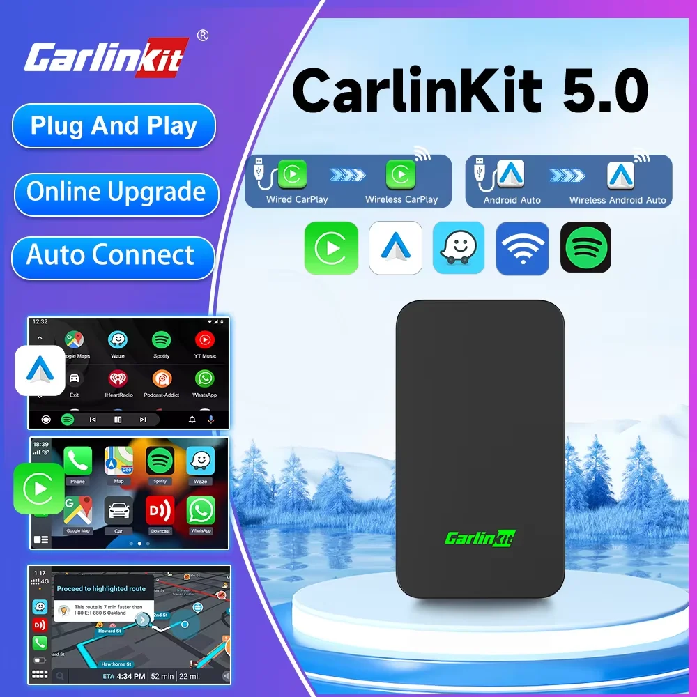 

CarlinKit 5.0 Wired To Wireless Adapter Wireless Android Auto CarPlay Smart Car Box Bluetooth WiFI Auto Connect Online Upgrade