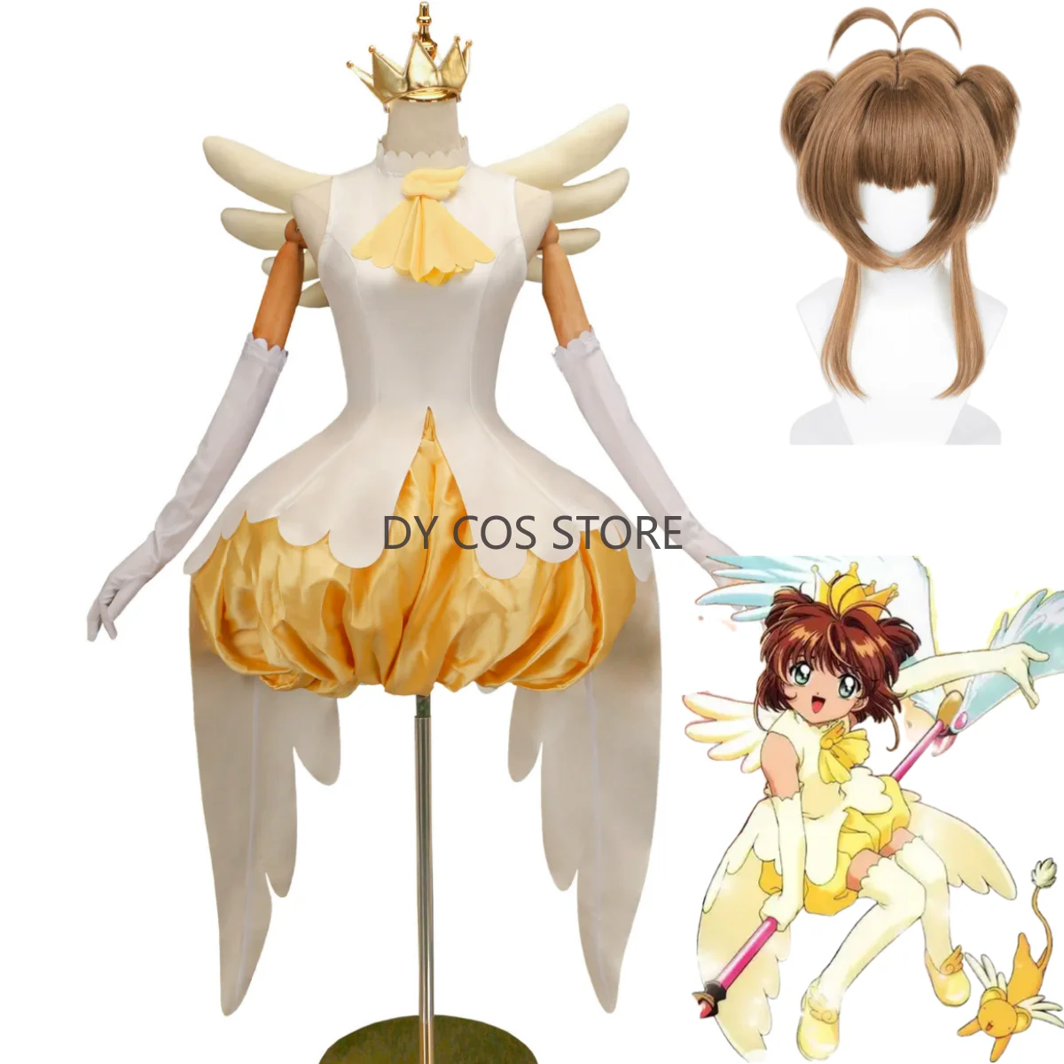 

Anime Cardcaptor Sakura Kinomoto Sakura Cosplay Costume Yellow Lolita Skirt Combat Uniform Wing Wig Woman Kawaii Halloween Suit