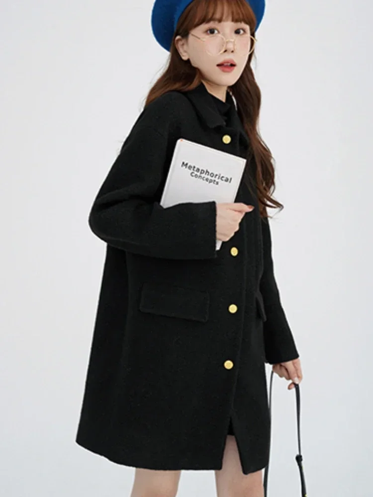 

Japanese Style Cocoon Drop Shoulder Black Wool Coat Women Loose Fit Button Closure Casual Warm Overcoat for 2024 Autumn Winter