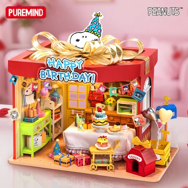 PUREMIND New Snoopy Birthday Party Cottage Wooden Building Block Model Toy Desktop Ornament Collectible Birthday Gift