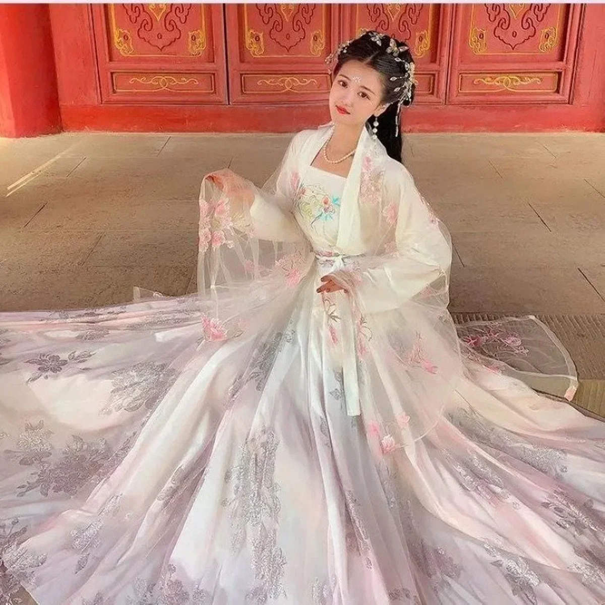 Hanfu rok pinggang elegan wanita, kostum peri musim panas model Tiongkok dengan rok tradisional cantik