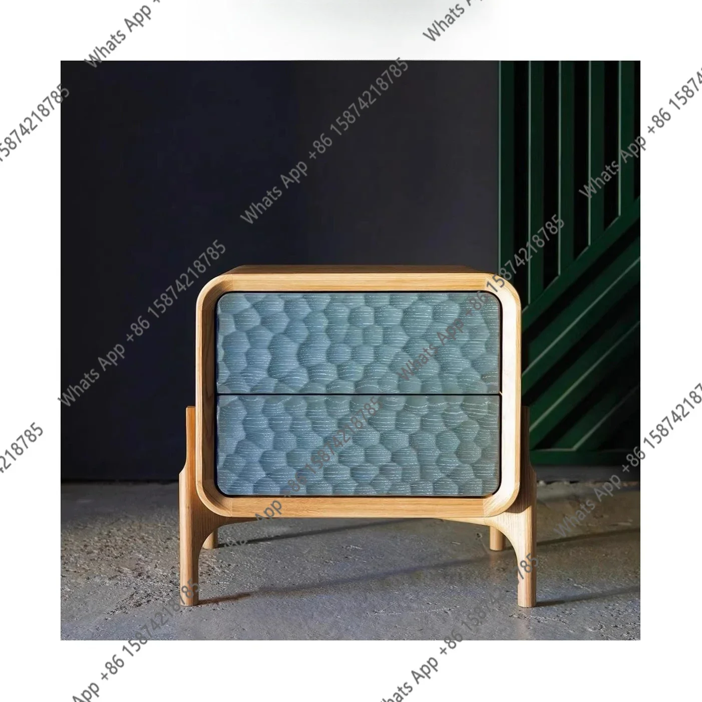 40 Medieval Style Designer Hammer Pattern Solid Wood Blue Bedside Table Double-layer Household Locker American Simple Fre
