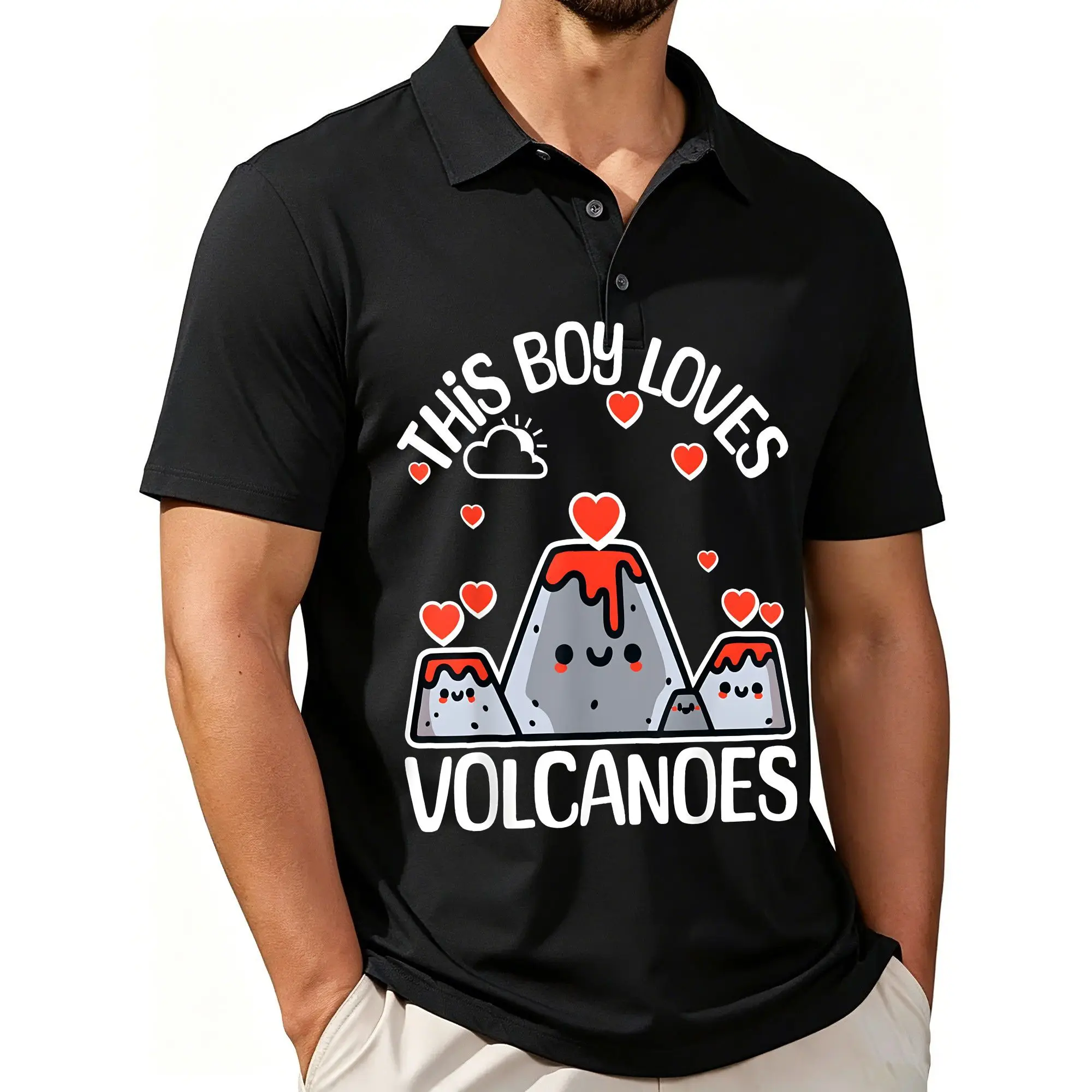 Men's Printed Short-Sleeved Polo Shirt with Volcano-Themed Youth Graphic, Stylish and Casual Fit, Breathable Fabric, Suitable for All Seasons.