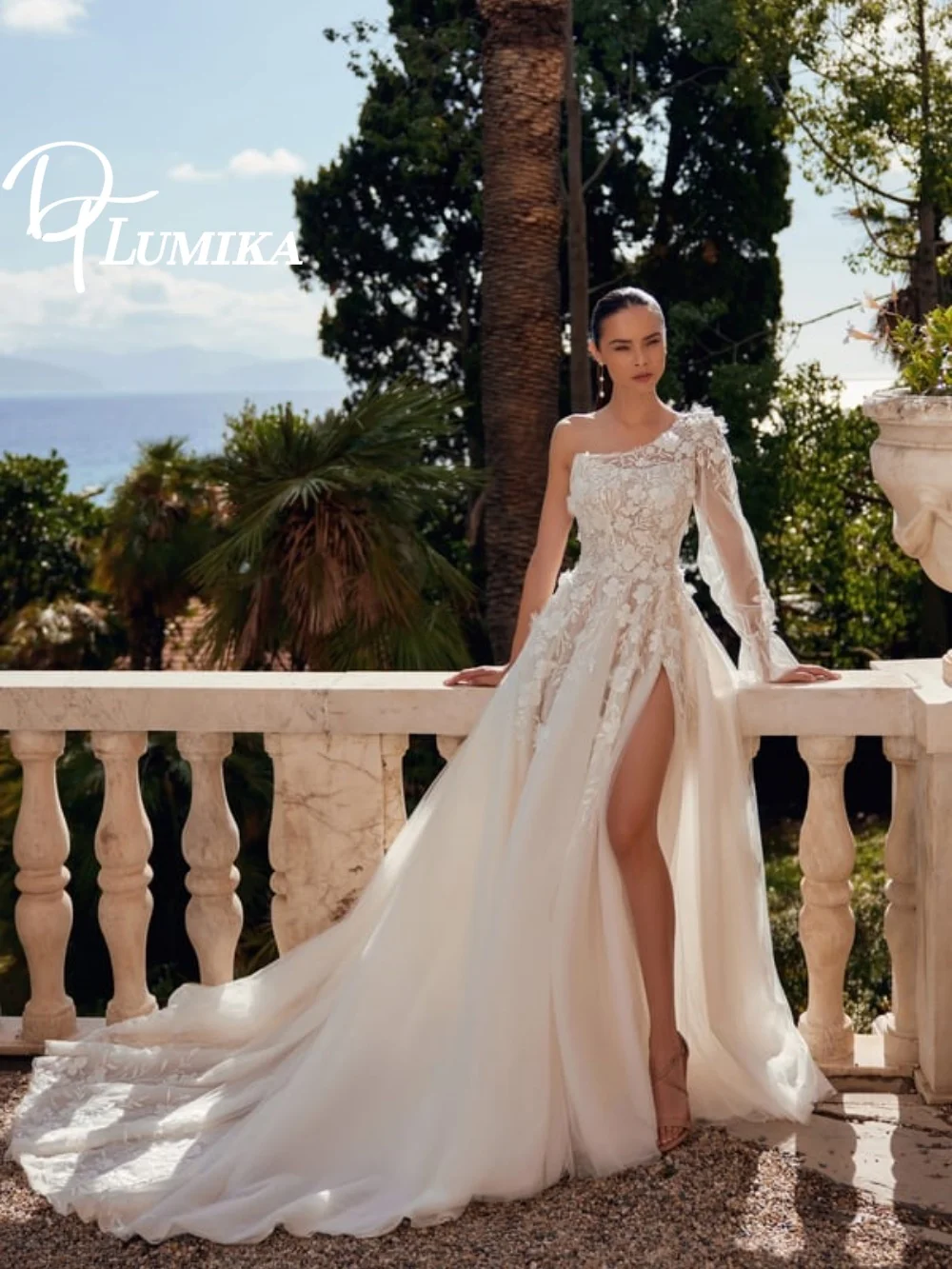 

Elegant One-Shoulder Tulle Wedding Dress 2026 Romantic Sheer-Sleeve Bridal Gown Chic High-Slit Bridal Dress Robe De Mariée