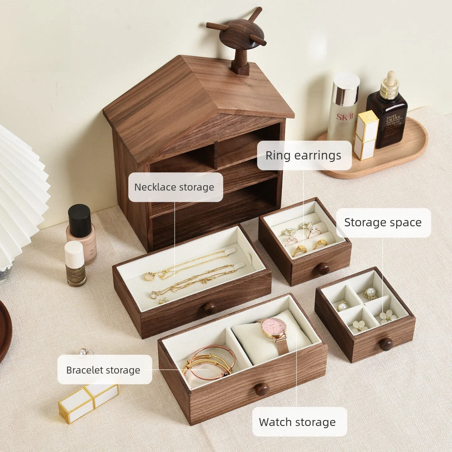 Handmade Walnut Wood Jewelry Box House Shape Large Capacity Organizer for Rings Necklaces Women Gift 호두나무 보석함