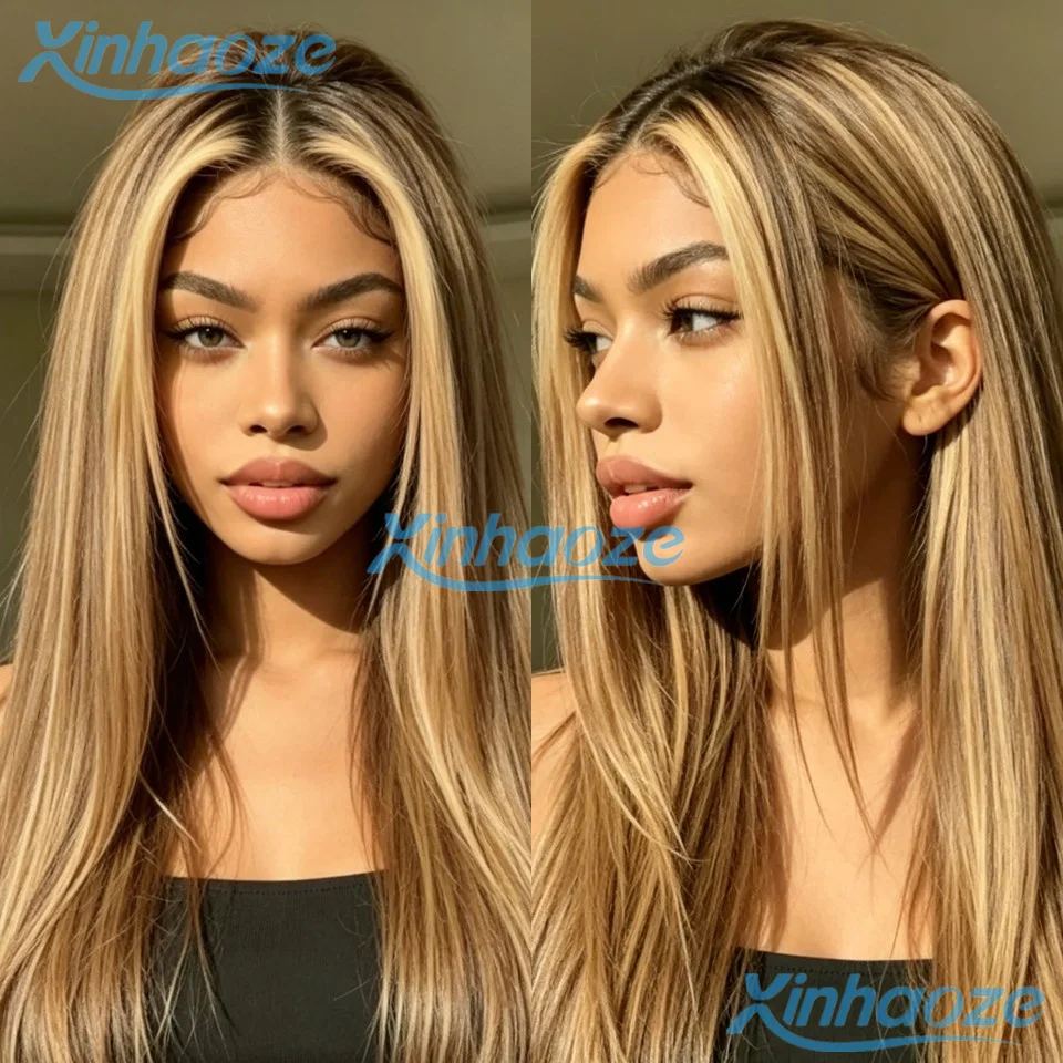 Silky Straight Middle Part Human Hair Brown Blonde #4/27 Highlight Glueless 5x5 Silk Top Closure Wogs Pre Plucked 360/Full Wigs