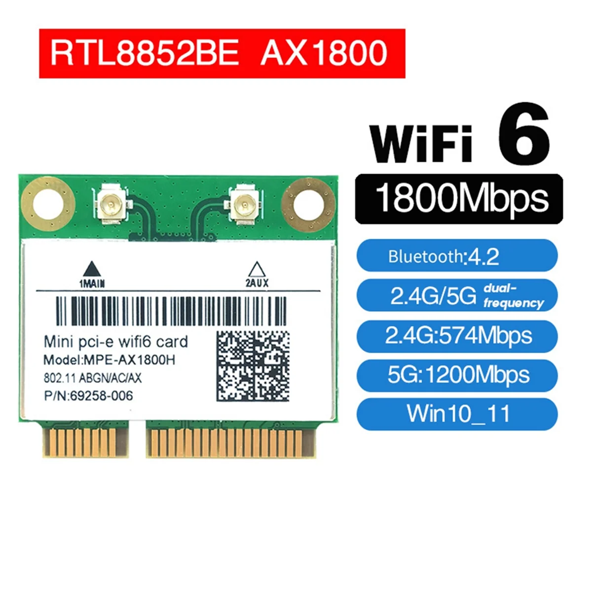 RTL8852BE WIFI6 Card AX1800M WiFi Bluetooth5.2 2.4GHz/5GHz Dual-Band WIFI Card Adapter 802.11ax for Win10/Win11