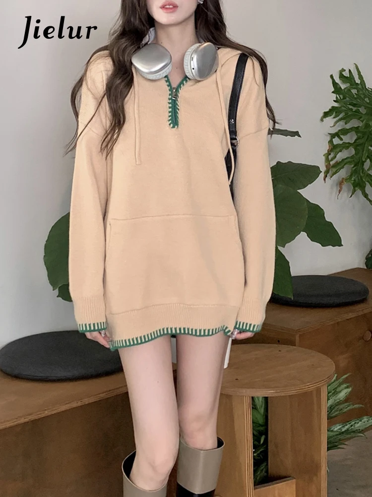 

Jielur Zipper Hooded Pullover Sweaters for Women Korean Autumn Winter New Loose Sweater Female Pocket Green Khaki Knitwear Woman