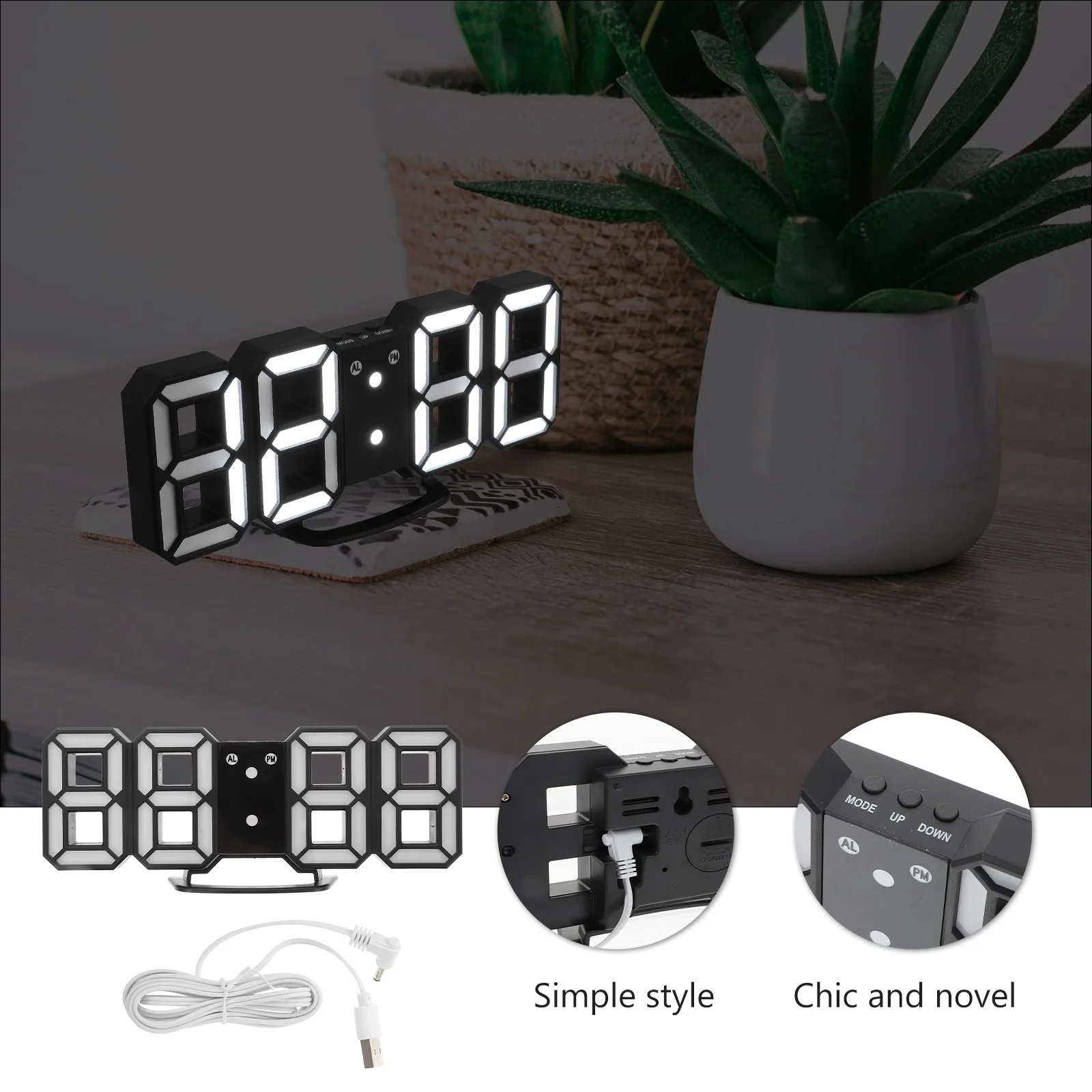 

1set LED Wall Hanging Digital Decorative Large Display Simple Home Decor Clocks for Living Room Bedroom 3D Wall Hanging Simple