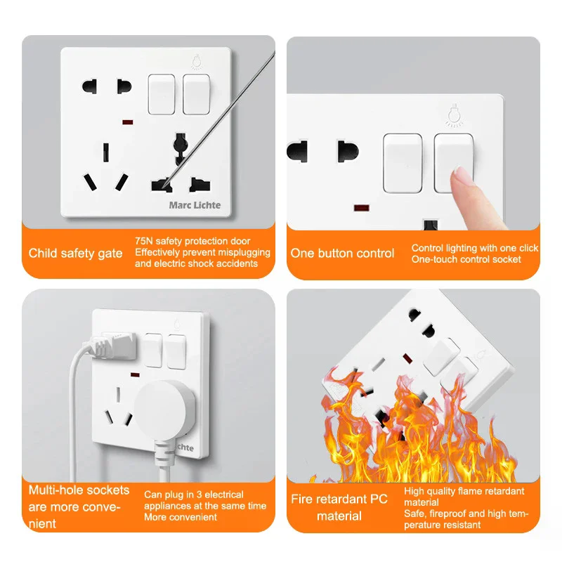 ปลั๊กไฟอเนกประสงค์แบบติดผนัง 86 แบบ 8 รู 5 ขา ปลั๊กสองหรือสามขา พร้อมสวิตช์ควบคุม 1 ช่อง