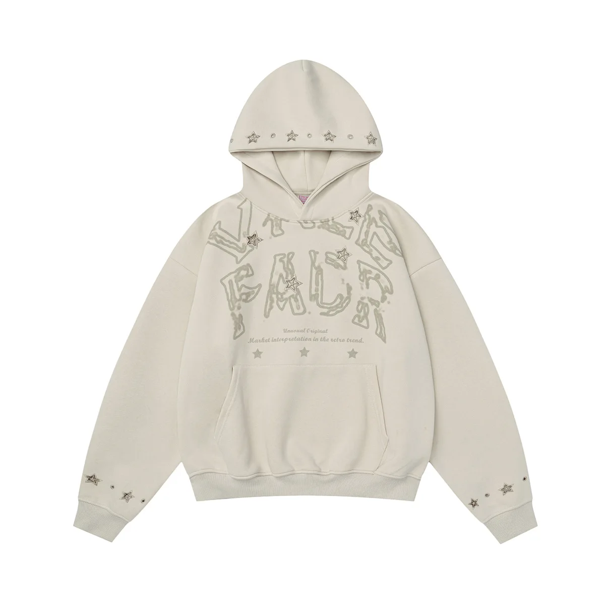 เสื้อฮู้ดวินเทจสไตล์อเมริกันย้อนยุคสำหรับผู้หญิงและผู้ชาย ลายปักดาว ดีไซน์เว้าหลวม ทรงหลวม สไตล์สตรีทแวร์สำหรับคู่รัก