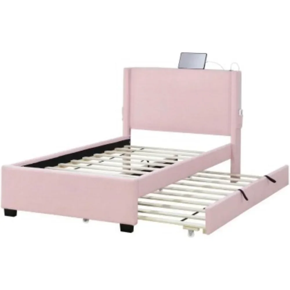 Twin Size Bed Frame with Removable Trundle，USB Functionality, Single Bed，Bedroom Furniture，No Box Spring Required，Bed Frame