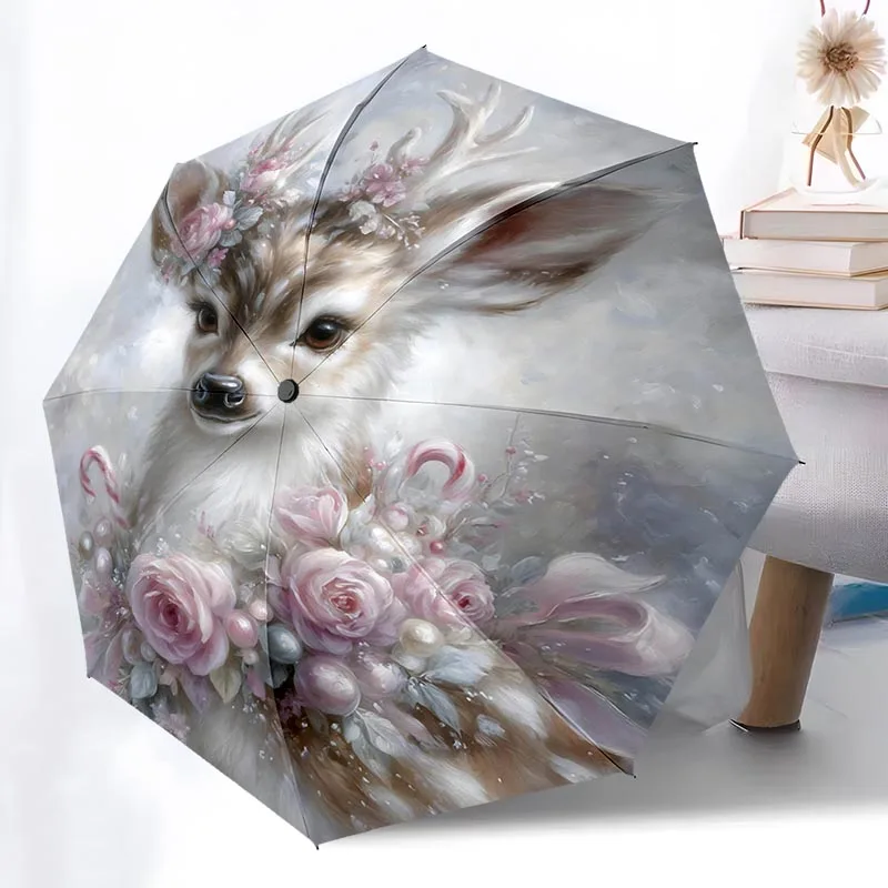 

Складной зонт в стиле ретро с цветочным принтом оленя, модный, с автоматическим открытием, 8, железные ребра, пластиковая ручка, складной солнцезащитный козырек, идеальные рождественские подарки