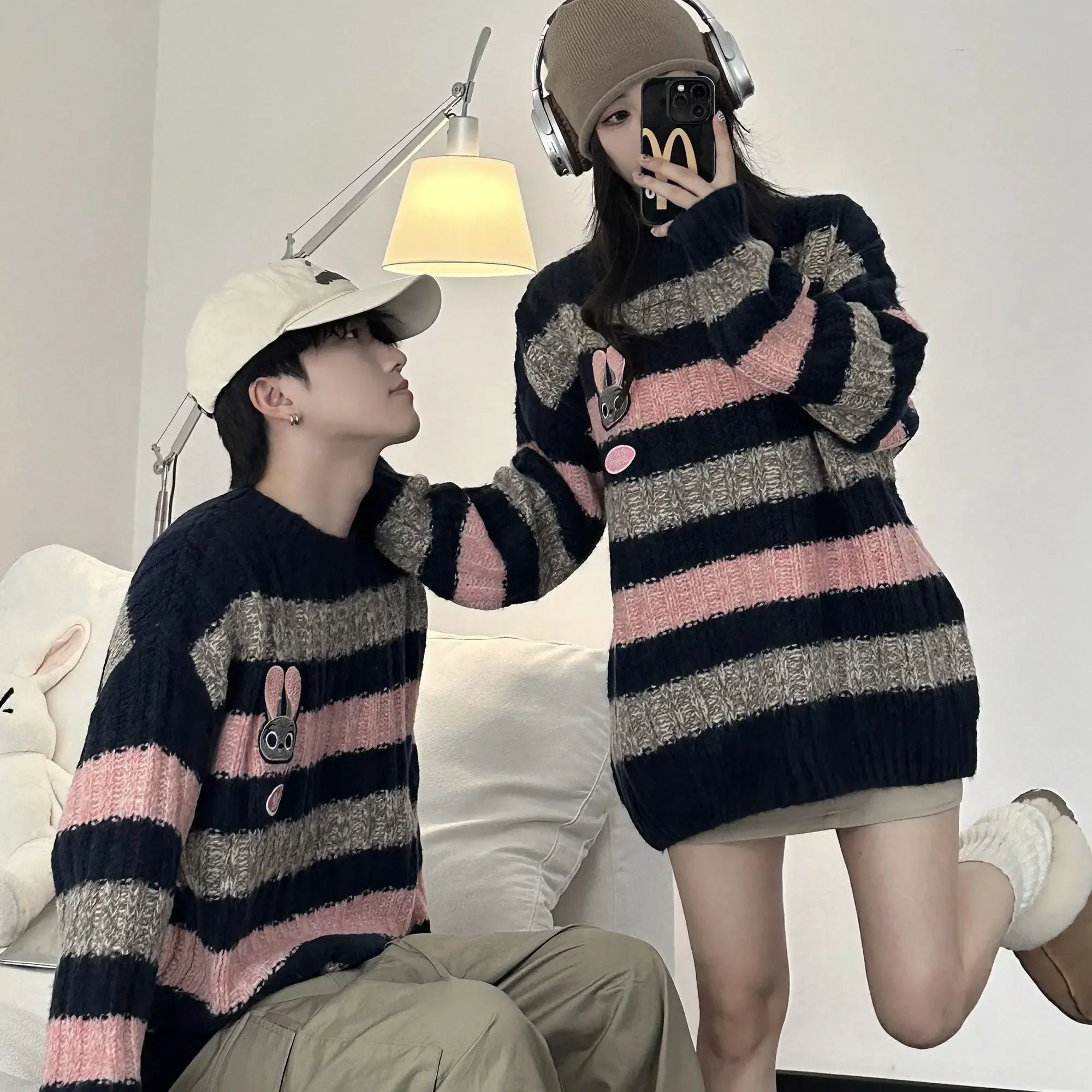 College Cartoon Pullover Sweater Autumn Winter Couple Casual Knitted Sweater High-end Y2k Gothic Harajuku Stripped Tops