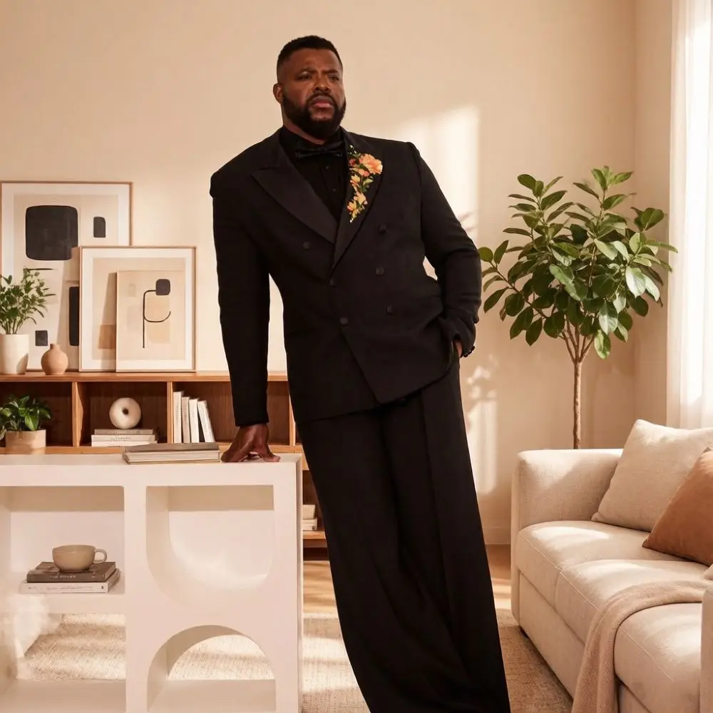 Elegant Double Breasted Luxury Suits for Men with Floral Details 2 Pieces Groom Wide Pants Mix Match Separates Stage Wear