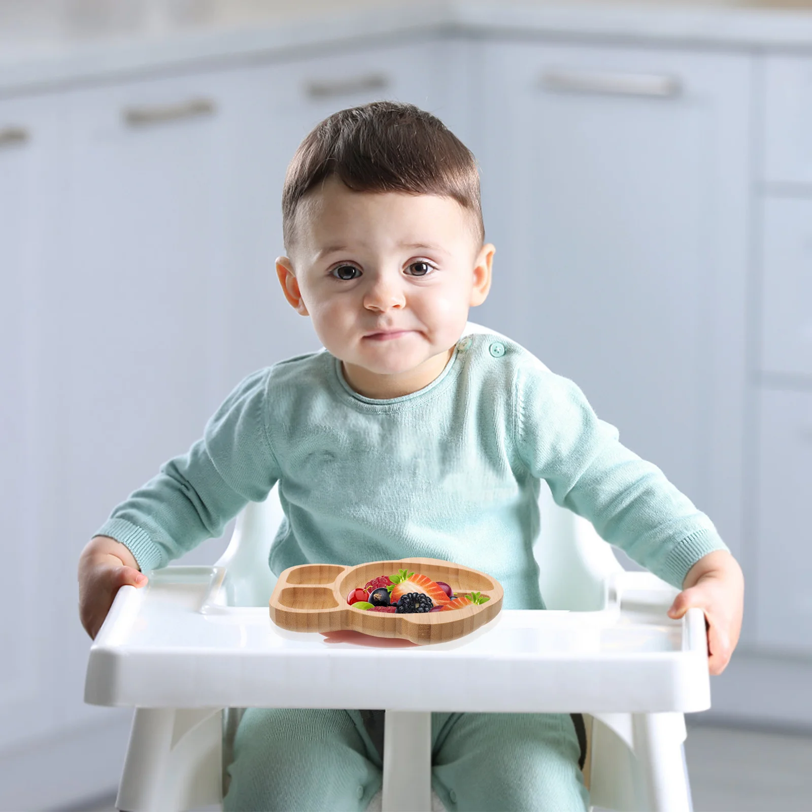 

Bamboo Silicone Suction Food Tray For Kids Divided Wood Plate Dinner Serving Platter Toddler Eating Bowl Fork Spoon Set