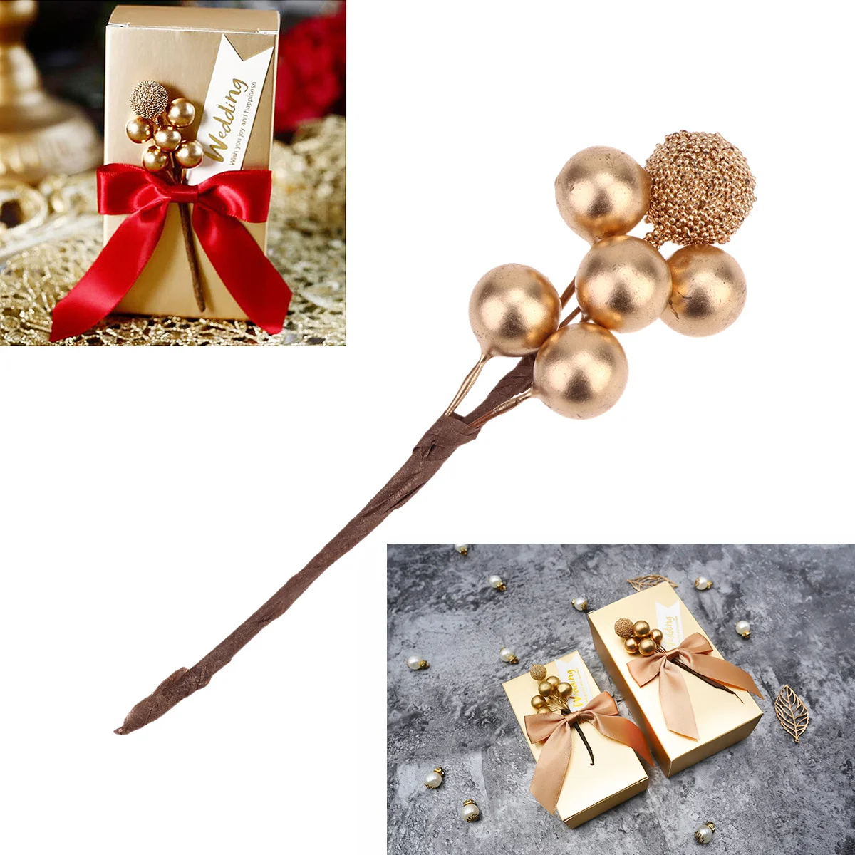 

30Pcs Artificial Golden Berry Stems Realistic Flower Picks Decorations Christmas DIY Garland Wreath Home Party Decor