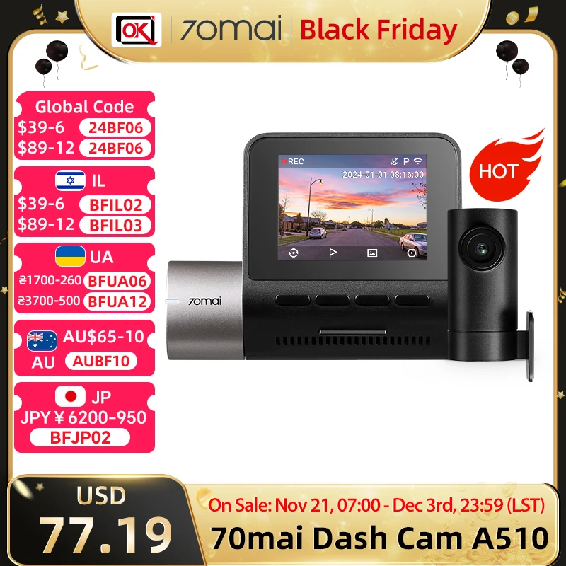 70mai Dash Cam A510 1944P 3K HDR Built-in GPS ADAS Smart Dash Cam A510 Support Rear Cam 4G Connectivity F1.8 Large Aperture