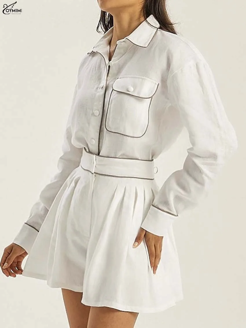 Oymimi Fashion Conjuntos de dos piezas con parches blancos para mujer, elegantes camisas con botones y bolsillos de manga larga y conjuntos de pantalones cortos con un solo botón